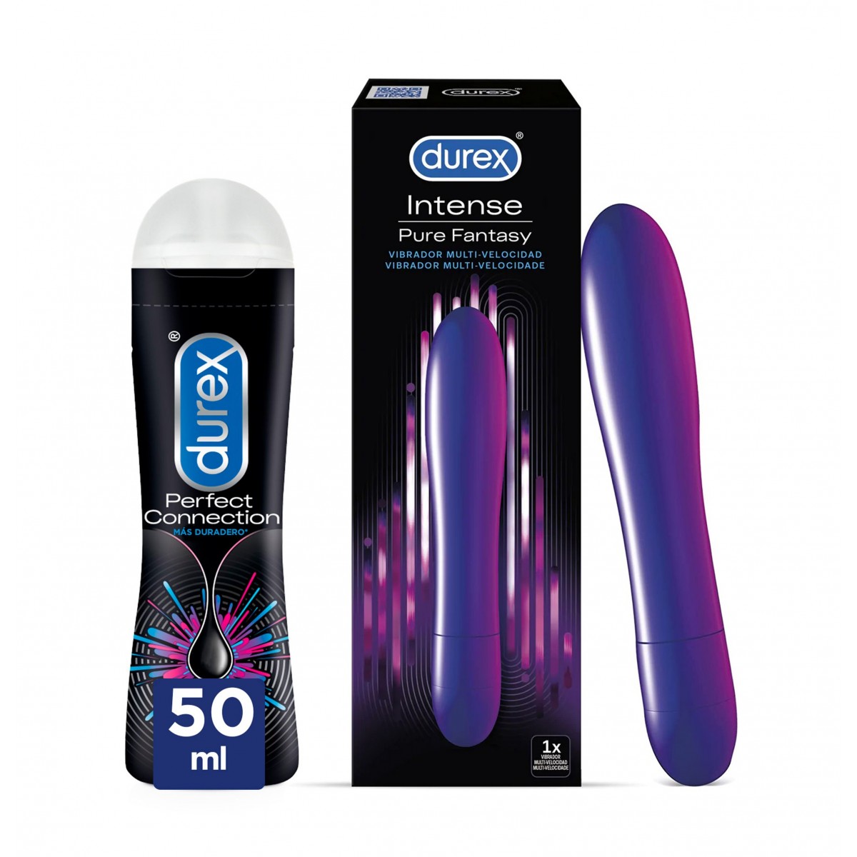 Durex Vibrador Intense Orgasmic Pure Fantasy, Dildo Consolador Clítoris + Lubricante Perfect Connection base silicona – 50 ml