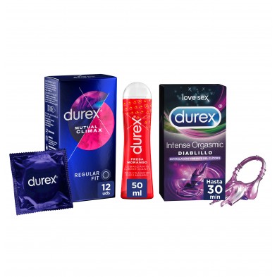 Durex Pack Lubricante Sabor y Aroma Fresa +  Anillo Vibrador Intense Orgasmic Diablillo +  Preservativos Mutual Clímax