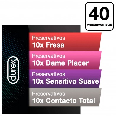 Durex - Fun Explosion, Pack Preservativos Sabor Fresa, Dame Placer, Sensitivo Suave y Contacto Total, 40 Condones, 52 y 56 mm