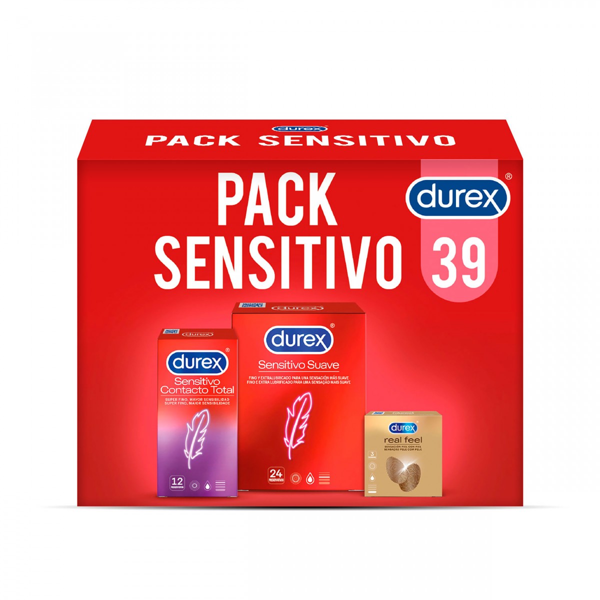 Durex - Pack Preservativos Sensitivo Suave + Sensitivo Contacto Total + Fell Sin Latex, 39 Condones para Sexo Seguro, Lubricados