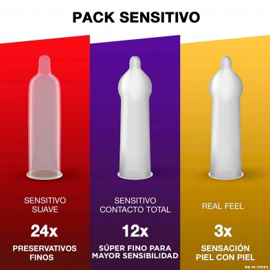 Durex - Pack Preservativos Sensitivo Suave + Sensitivo Contacto Total + Fell Sin Latex, 39 Condones para Sexo Seguro, Lubricados