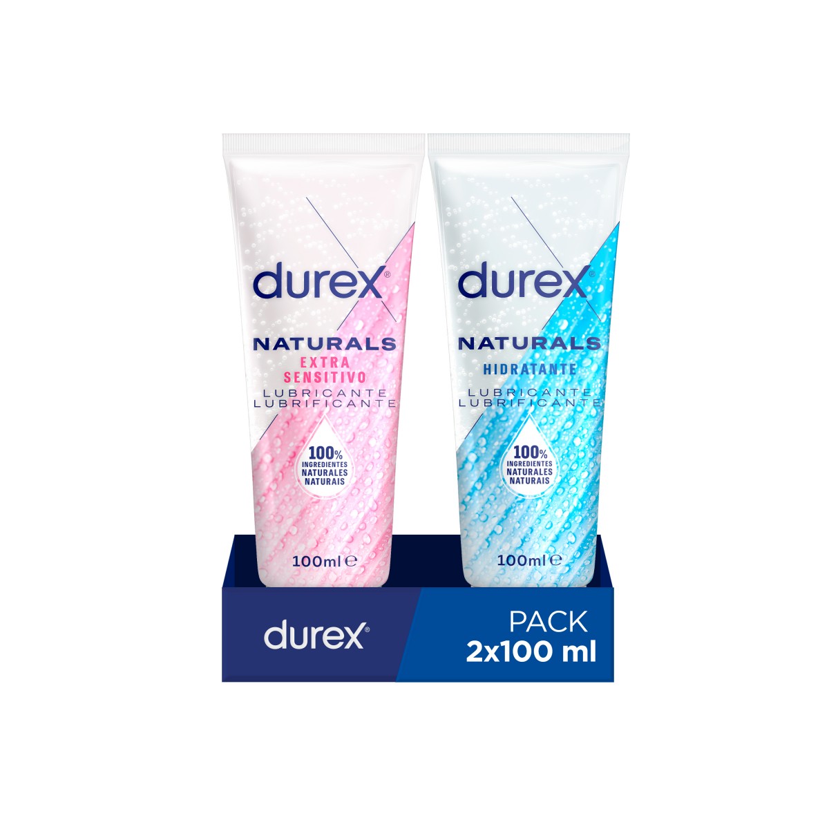 Durex - Pack Lubricante Naturals Hidratante y Naturals Sensitivo, Ingredientes 100% Naturales, 2x100 ml