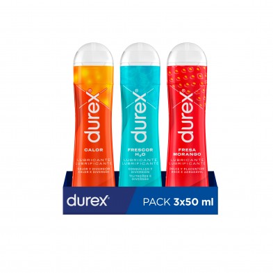 Durex - Pack Lubricante Sabor Fresa + Efecto Frío + Efecto Calor, 3x50 ml, Dulce y Placentero, Calor y Diversión, Cosquilleo
